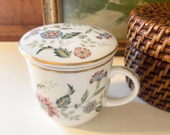 Vintage Andrea Sadek "Buckingham" Floral Porcelain Tea Mug With Strainer and Lid, Gift For Tea Lover