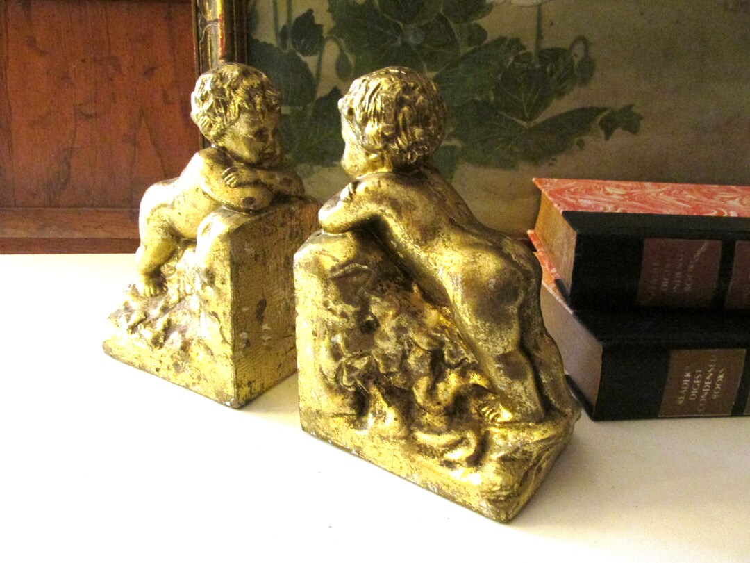 Vintage Cherub Gilded Bookends, Golden Angel Bookends, Nursery Decor