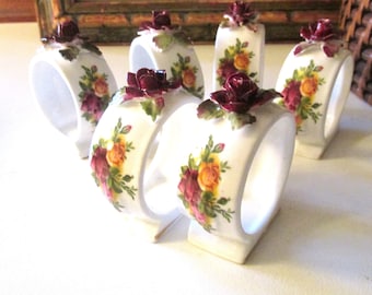 Six Vintage Royal Albert England "Old Country Roses" Napkin Rings, Porcelain Napkin Rings with Sculpted Red Rose Accent, Rare Set