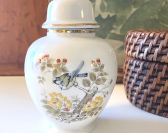 Vintage Small Oriental Bird on Branch Ginger Jar, Chinoiserie Chic Temple Jar, Mantel Decor, Grandmillennial Gift