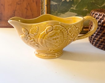 Vintage Bordallo Pinheiro Autumn Turkey Gravy Boat, Embossed Pumpkin and Pinecorns Leaves, Thanksgiving Serving Decor