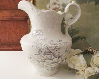Antique Edwin M. Knowles China Co. Semi Vitreous Large Jug, White and Grey Floral Water Pitcher, Farmhouse Decor, White Ironstone