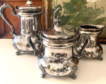 Victorian Poole Silver Coffee or Tea Service, Quadruple Plate, Creamer and Sugar