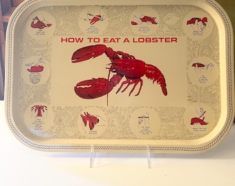 Vintage "How To Eat A Lobster" Tray, Toleware Seafood Serving Tray