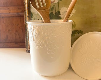 Vintage Mikasa "English Countryside" Extra Large Lidded Canister, Embossed Fruits, Utensil Holder, Cottage Farmhouse Kitchen
