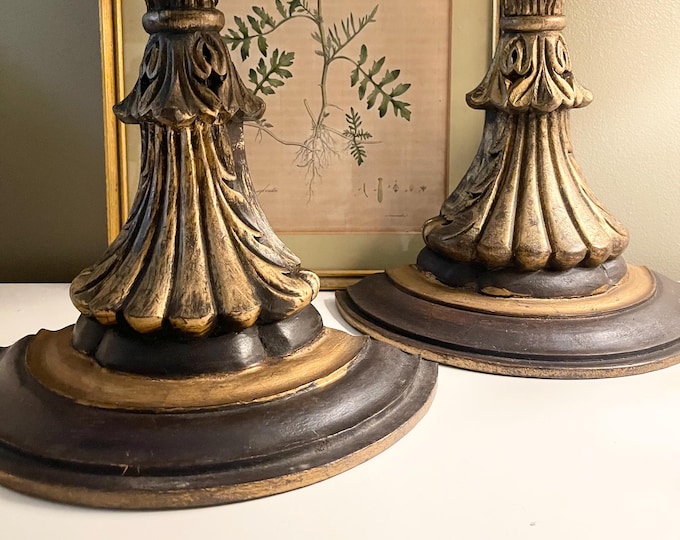 Featured listing image: Vintage Pair Wood Acanthus Leaf Shelves, Gilded Gold and Black Wall Sconces, Hollywood Regency Decor