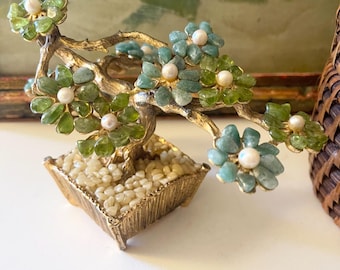 Vintage Swoboda Bonsai Tree Figurine, Jade Style Gemstone and Faux Pearls, Chinoiserie Gift