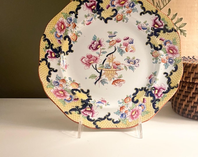 Featured listing image: Antique Yellow Chinoiserie Cauldon England Ironstone Dinner Plate, Multi Colored Transferware, Aesthetic Design, W H Plummer
