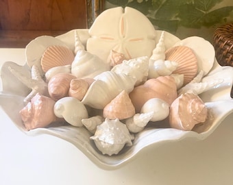 Vintage Trompe-l'oeil Porcelain Scallop Seashell Centerpiece, Peach and Ivory Faux Seashells, Grandmillennial Palm Beach Decor