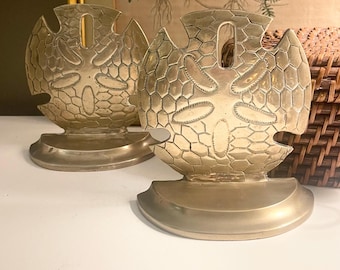 Vintage Brass Sand Dollar Bookends, Beach Coastal Decor, Nautical Home