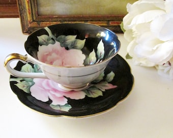 Vintage Occupied Japan Floral Teacup and Saucer, Black Teacup with Pink Flowers, Romantic Decor