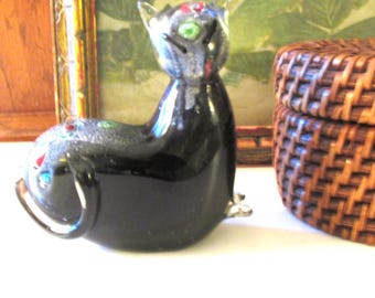 Vintage Art Glass Black Cat Figurine, Millefiori Style, Gift for Cat Lover