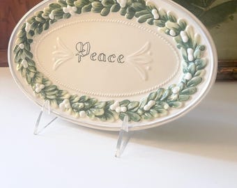 Vintage Fitz and Floyd "Peace" Oval Tray, Christmas Holiday Decor, "Winter Garden" Holiday Trinket Tray
