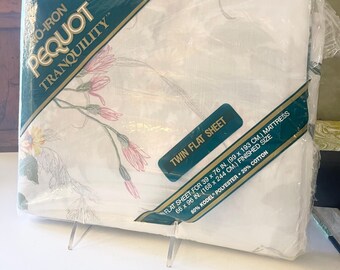 Vintage Old Stock Twin Flat Sheet By Pequot Tranquility, No-Iron, "Silver Flowers", Cotton Poly Blend, Grandmillenial Bedding