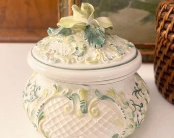 Vintage Italian Capodimonte Floral Pottery Box, Porcelain Floral White and Green, Grandmillennial Gift, Mother's Day Gift