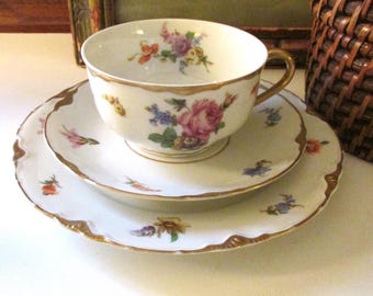 Vintage Warwick "Dresden" Porcelain Floral Teacup, Saucer and Dessert Plate Trio, Mother's Day Gift