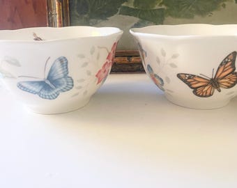Two Lenox Butterfly Meadow Rice Bowls. Spring Dinnerware, Dessert Bowls, Easter China