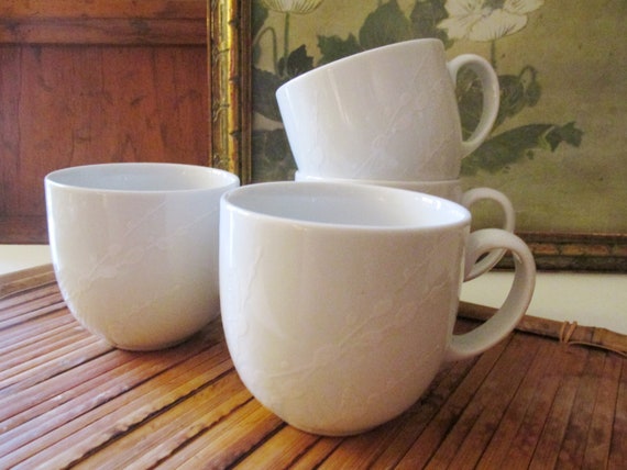 Four Vintage Denby White Mugs, Chinoiserie trace Pussy Willow