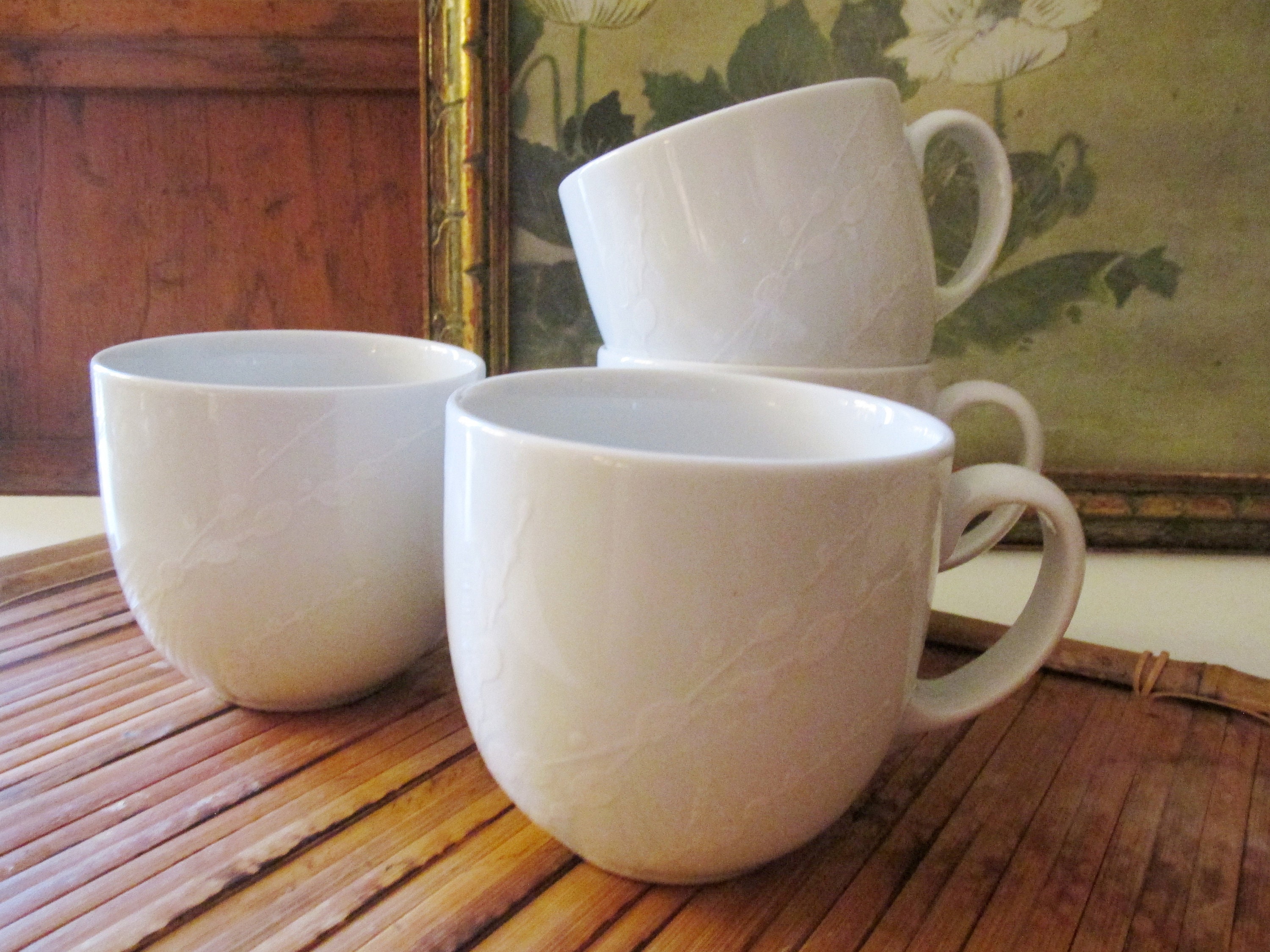 Four Vintage Denby White Mugs, Chinoiserie trace Pussy Willow Coffee or Tea  Mugs, English Country, Chinoiserie Chic 