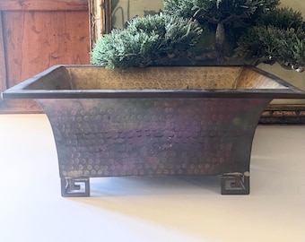 Vintage Brass Chinoiserie Cachepot, Hong Kong Brass Footed Planter, Bonsai Planter, Brass Vessel Greek Key, Traditional Home Decor
