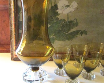 Vintage 1960's Aseda Sweden Seven Piece Cocktail Set, Bo Borgstrom, Footed Pitcher and Glasses, Mid Century Glassware