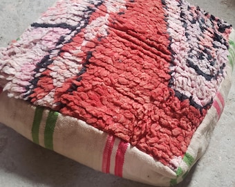 Handmade Berber Wool Boujaad Pouf – Vintage Moroccan Ottoman, 60 x 60 x 20 cm