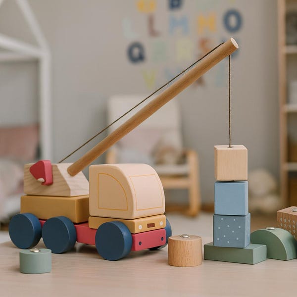 Wooden Crane Truck with Magnetic Blocks – Montessori Toy Gift