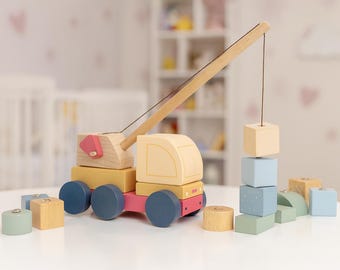Giocattolo per camion con gru in legno, fatto a mano, ecologico, regalo per bambini Montessori