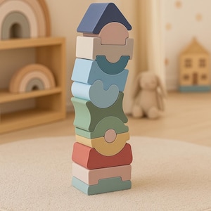 Montessori Stacking Toy Wooden Pastel Pyramid Eco Baby Gift Toddler Learning Toy Handmade Nursery Decor wooden puzzle building blocks