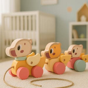 Puede incluir: Tres juguetes de madera para tirar con forma de oso, con cuerpos amarillos y ruedas rosas. Una cuerda beige está unida al primer juguete. Los juguetes están sobre una alfombra blanca, con una cuna y arte mural en el fondo.