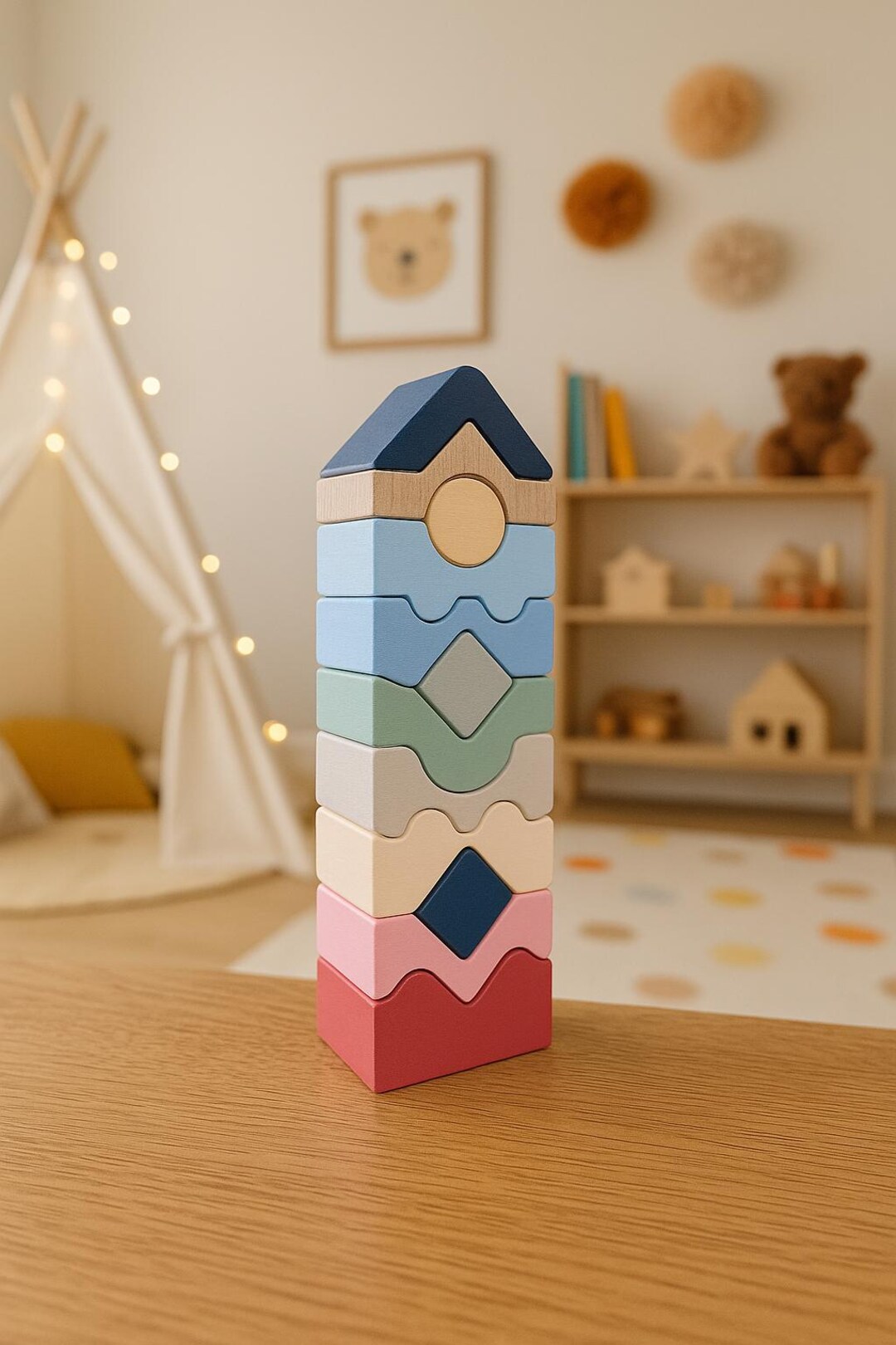 Montessori Toy Wooden Blocks Pyramid Waldorf Toy, Eco Friendly Baby ...