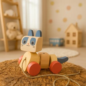Wooden Pull Toy Cat Handmade Animal Toy with Wheels for Toddlers Handcrafted Wooden Cat on Wheels Pull Along Animal Toy for Kid sensory play