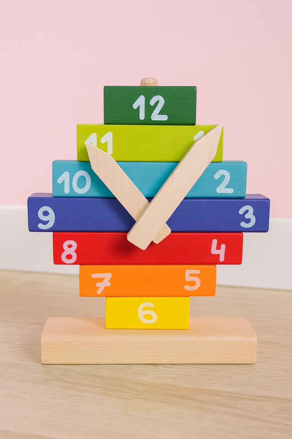 Wooden Montessori Clock Puzzle - Stacking Number Blocks Toy