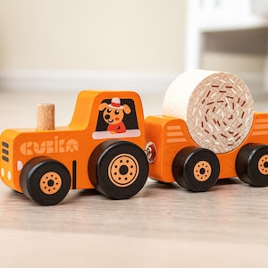 Tractor de juguete de madera con remolque Montessori, coche ecológico para niños, vehículo educativo de madera, regalo hecho a mano para niños pequeños, tractor de madera