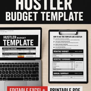 Może przedstawiać: Laptop i schowek z napisem "Hustler Budget Template". Ekran laptopa wyświetla arkusz kalkulacyjny z sekcjami dla miesięcznych dochodów i wydatków. Schowek zawiera instrukcje i podsumowania budżetu. Obraz zawiera również tekst "Editable Excel + Printable PDF."