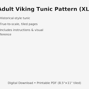 Op de afbeelding: Digitale download van een patroon voor een Viking tuniek voor volwassenen (XL). Bevat een historisch ontwerp, op ware grootte betegelde pagina's en instructies met visuele referenties. Afdrukbaar PDF-formaat, 21,59 cm x 27,94 cm betegeld.