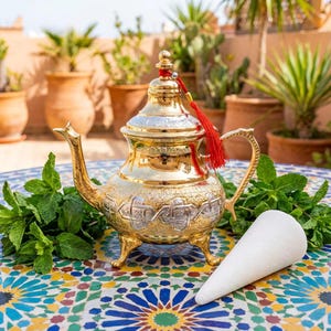 Könnte beinhalten: Verzierte gold-silberne Teekanne mit roter Quaste, auf einem Mosaiktisch mit frischer Minze. Ein weißer Zuckerkegel liegt neben der Teekanne. Die Teekanne hat einen dekorativen Griff und Ausguss.