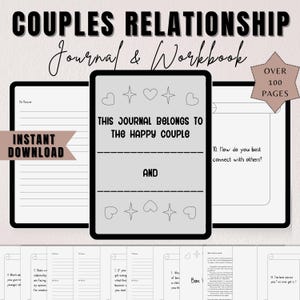 Puede incluir: Un diario y cuaderno de trabajo digital para parejas. El título es "Couples Relationship Journal & Workbook". El diario incluye preguntas para parejas. La portada dice "This Journal Belongs to the Happy Couple" y "Over 100 Pages."