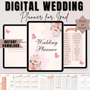 以下が含まれることがあります： iPad用デジタルウェディングプランナー。表紙には「Wedding Planner」の文字と花柄と蝶のアクセントが施されています。プランナーには30ページ以上が含まれており、すぐにダウンロードできます。