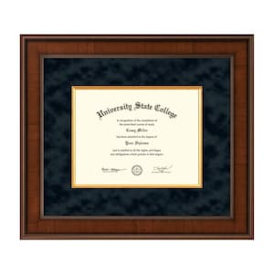 May include: A framed diploma from University State College. The diploma is in a gold frame, set against a dark blue background, and encased in a dark brown wooden frame. The text on the diploma reads "University State College" and "Casey Miller".