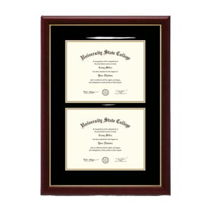 May include: A double diploma frame with a dark wood finish. The frame holds two diplomas with gold trim, set against a black mat. The diplomas are from "University State College".