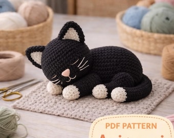 黒猫さんの編み図PDF、あみぐるみ猫のおもちゃの作り方、かわいい