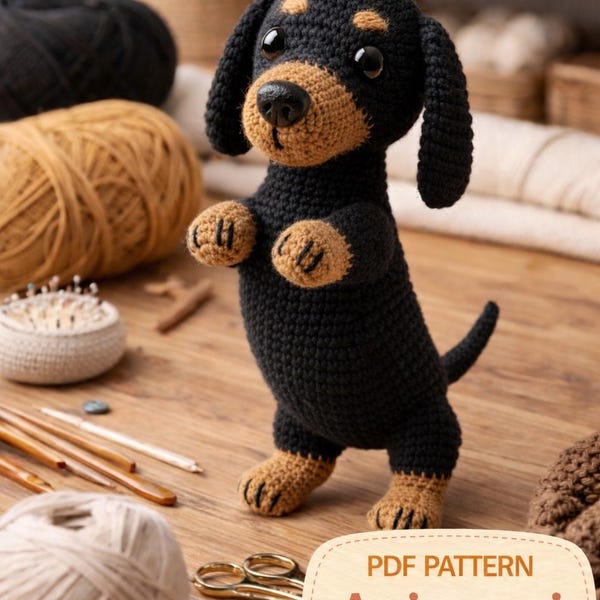 Padrão de crochê Amigurumi de Dachshund | Brinquedo de Cachorro Salsicha (Download em PDF)