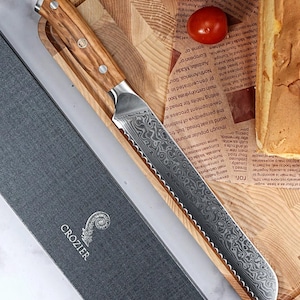 Bread Knife - 67 Layer Damascus Steel Blade with Olive Wood Handle