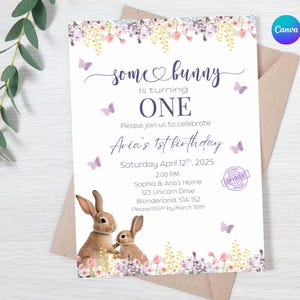 Bunny Birthday Invitation: Pastel Floral, Girl 1st Birthday (Canva Template Digital Download