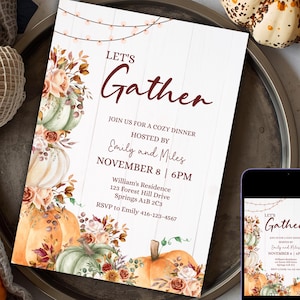Fall Dinner Invitation: Pumpkin Floral Thanksgiving Party (Editable Corjl Template)