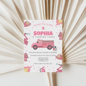 Inbjudan till brandflicka: Rosa brandbilsfest, redigerbar Corjl-mall (digital nedladdning) GB001