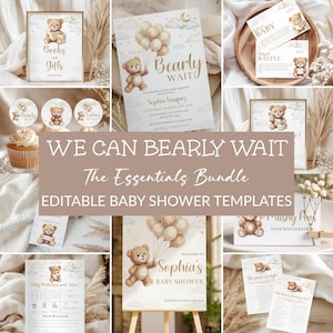 Teddy Bear Baby Shower Bundle, Boho Invitation Set, Bearly Wait Templates (Digital Download) TBS002
