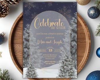 May include: A winter-themed invitation with the text "Celebrate the Season" in gold script. The invitation features a snowy forest scene and is hosted by Mia and Joseph. The date is December 13th at 12:30 PM.