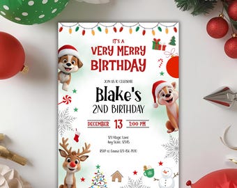 May include: A festive birthday invitation with the text "It's a Very Merry Birthday" in red. The invitation features cartoon images of a reindeer, a snowman, and dogs wearing Santa hats. The invitation is for Blake's 2nd birthday on December 13th.